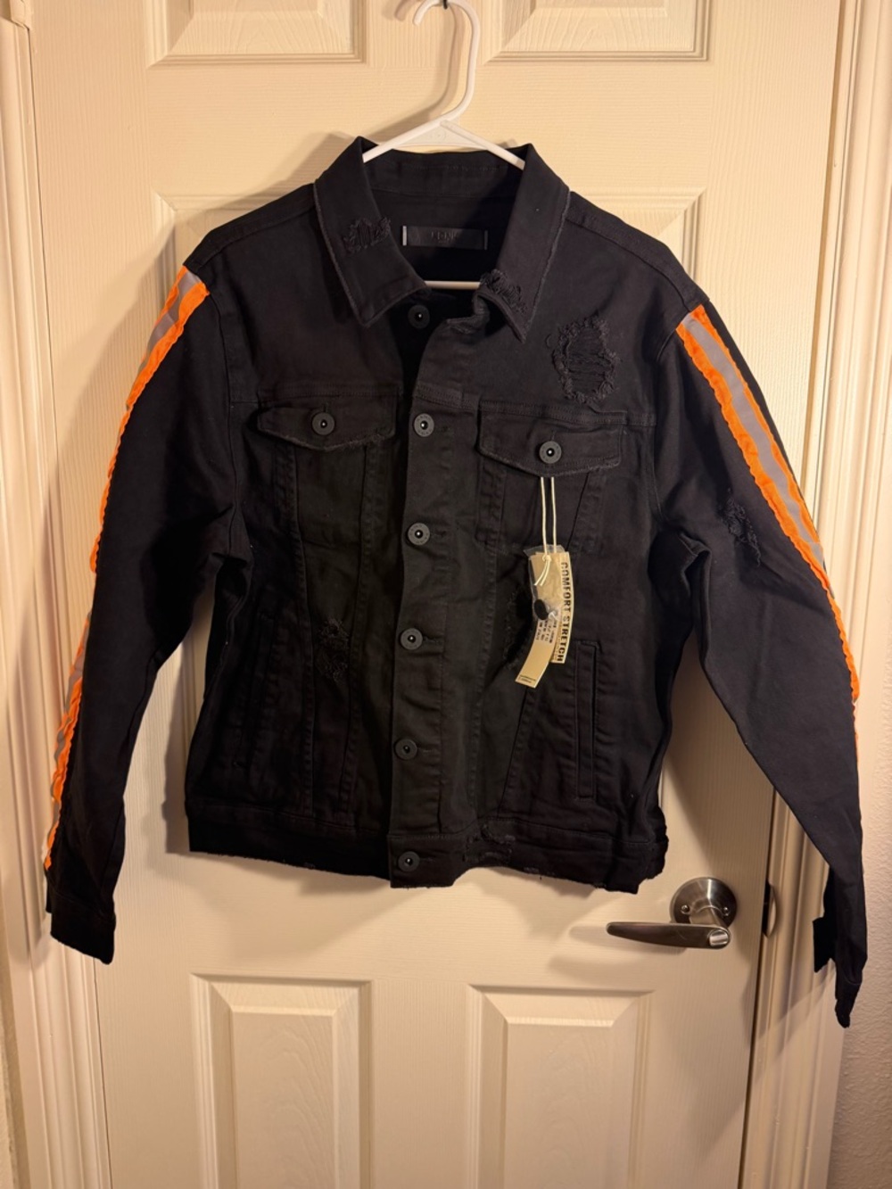 KDNK Black Denim Jacket Orange Stripe Distressed Men’s Large NWT